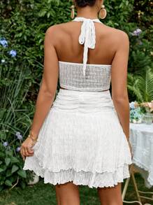 SHEIN 2pcs/Set Maternity Ruched Halter Tank Top & Adjustable Waist Skirt, Vacation Outfit - White - View 2