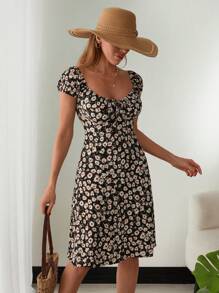 SHEIN Cottnline ELASTICAL STRETCH COLLAR SHOULDER HEM TIE FROT ALL OVER FLOAR PRINT DRESS New Arrivals Women Dress Womens Dress Women Petite Dresses Women Dresses Short Womens Clothes Women Party Dresses - Multicolor - View 3