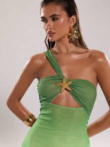 SHEIN BAE 女士性感海星金属装饰假日沙滩装夏装镂空音乐节装领绿色渐变印花夏季长裙 - 藍色 - 查看 6