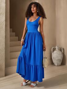SHEIN Tall Elegant Solid Ruffle Hem Maxi A-Line Dress For Summer - Blue - View 3