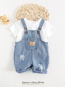 Cozy Pixies Salopette en jean délavé avec poche avant avec motif d'ours de dessin animé pour bébé garçon