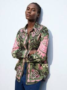 Maija Women's Green And Pink Contrast Color Casual Vacation Blouse, Minimalist Floral Print Pattern Long Sleeve Loose Shirt, Romantic And Fashionable, Versatile, Suitable For Vacation, Comfortable Bohemian Style Beach,Women Easter Summer Easter Women Party Top Beach Summer Holiday Beach Vacation Summer Going Out Graduation Casual Blouse Elegant Women's Blouses Casual Blouse For Women Formal Attire For Women Office Wear Women Business - Green - View 3