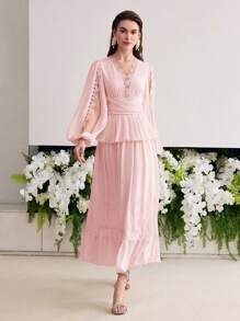MOTF Soiréza VESTIDO CON VOLANTES Y ENCAJE DE CONTRASTE - Rosa - Ver 3