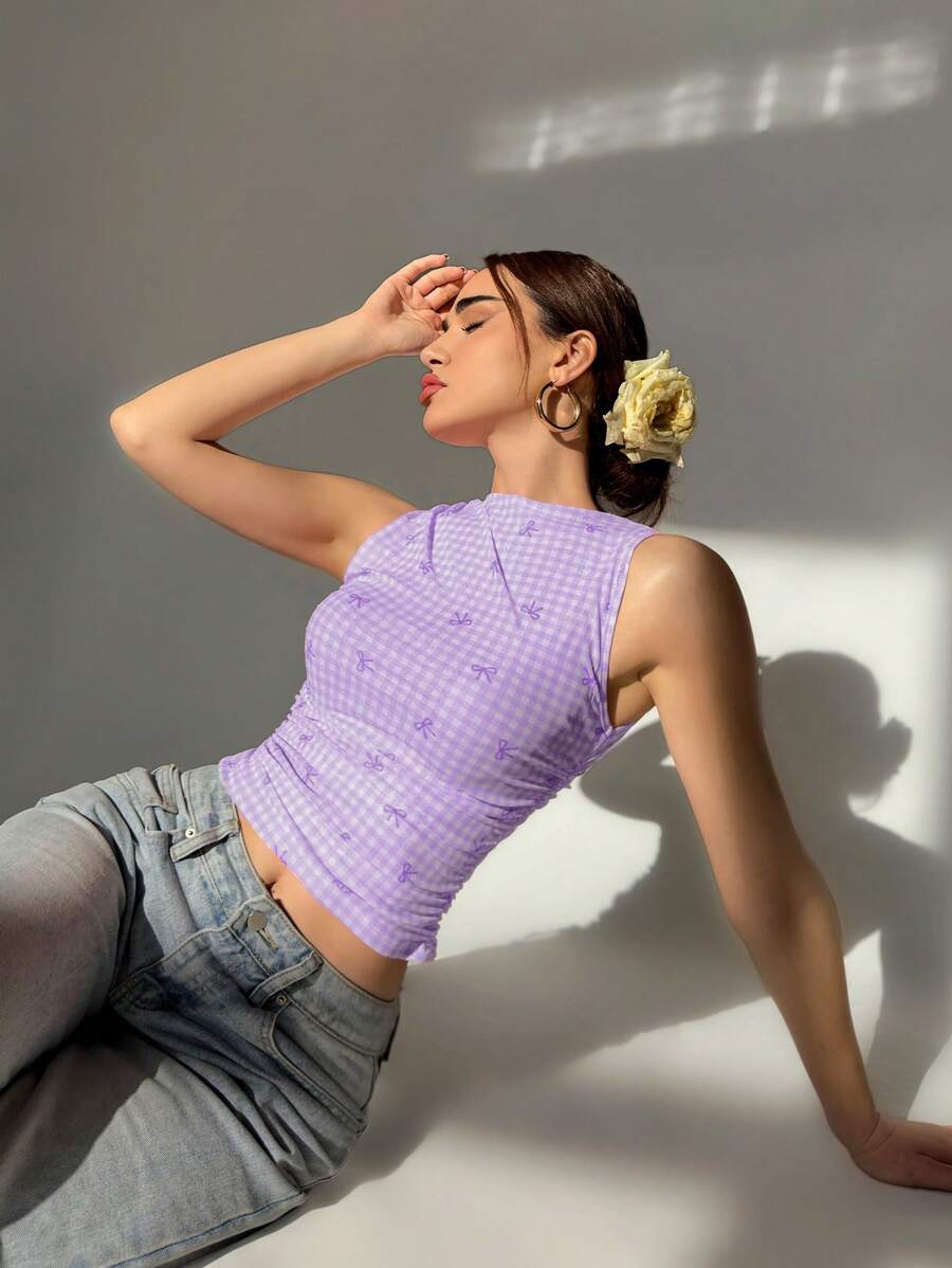 Aloruh Women's Casual Knitted Off-The-Shoulder Tank Top: Lavender Gingham Bow Print Sleeveless Ruched Regular Length Cami For Everyday Wear - Multicolor - View 1
