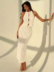 Aloruh Women's Bow Decor Backless Halter Top And Skirt 2pcs Set - Apricot - View 1