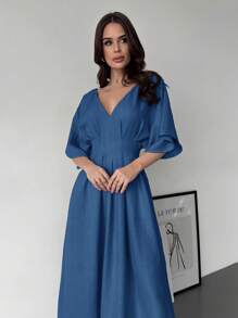 Firerie 全新优雅大伞裙杏色露肩短袖仿麻褶皱女装连衣裙 - 藍色 - 查看 4