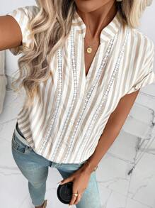 SHEIN Clasi Elegant Dress Women  Women's New Sleeve Shirt With Button, Striped Patchwork Ruffle, Professional Office Wear Blouse Summer Clothes Business Casual Woman Business Casual Woman Tops Summer Shirts - Multicolor - View 6