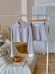 Lunelith SHEIN Lunessa Gestreiftes Hemd mit Knopfverschluss und Shorts