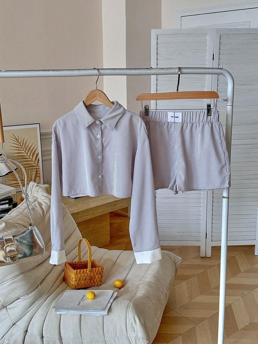 Lunelith SHEIN Lunessa Gestreiftes Hemd mit Knopfverschluss und Shorts