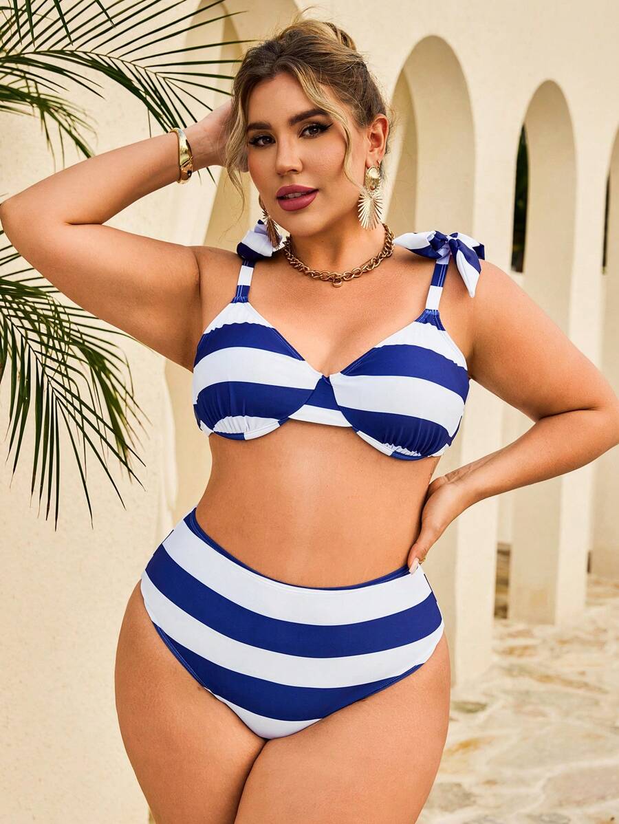 Swim Lushoire 2 件大码女式优雅条纹印花泳衣套装，夏季海滩 - 彩色 - 查看 1