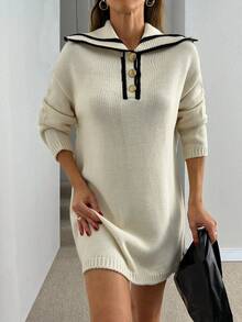 EURMUSE 女式航海风格针织套头衫 - 水手领设计，撞色饰边，正面纽扣细节，长袖，柔软针织面料，打造休闲时尚外观 - 白色 - 查看 5