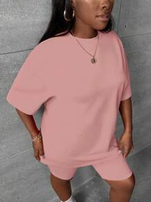 Slaydiva 两件套休闲粉色简约风格服装，适合夏季大码女性 - 藕粉色 - 查看 5