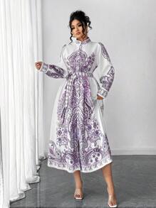 Elenzga فستان طويل بأكمام طويلة وياقة مستديرة وخطوط طباعة واسعة، فستان بوبلين طويل بأسلوب منتفخ مقاسات كبيرة للنساء، فستان أنيق - متعدد الألوان - مشاهدة 5