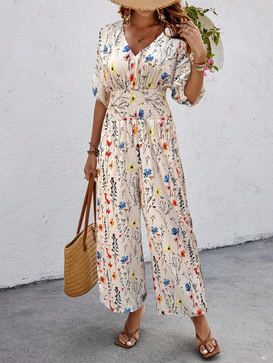 Breezaya Random Floral Print Women Lantern Sleeve Waist Drawstring Jumpsuit - Multicolor - View 1