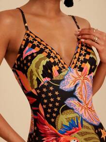 Travachic 女士度假侧开衩下摆修身热带印花吊带背心连衣裙 - 黑色 - 查看 5