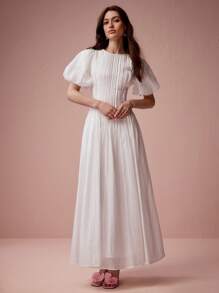 Enchnt Women's Elegant Party Solid Color Puff Sleeve Dress