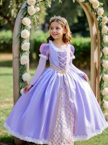 青少年女孩拼布亮片公主裙服装、派对装 - 紫色 - 查看 1