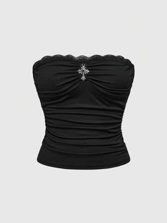 Goth Sexy Minimalist Lace Trim Metal Cross Decor Bodycon Camisole Top