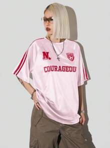 Coolane Women's Oversized Streetwear T-Shirt: Pink Satin Graphic Tee With Red Stripes