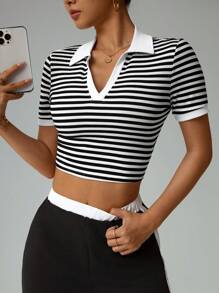 SHEIN Sports 夏季休闲条纹短袖短款运动 Polo T 恤 - 黑與白 - 查看 1