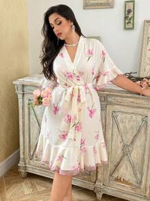 CottageSlumber Floral Print Contrast Mesh With Ruffle Hem Plus Size Sleepwear - Multicolor - View 1