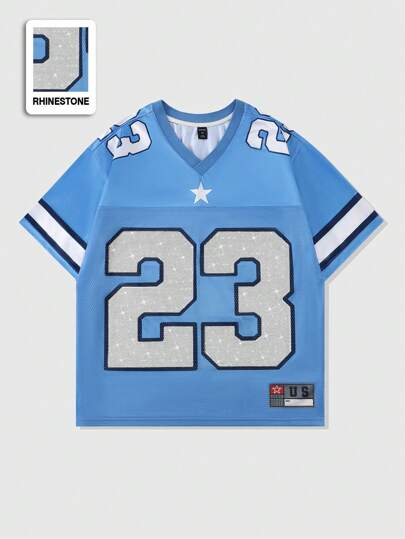 Prep Men's Jersey Rhinestone Ball Graphic Short Sleeve T-Shirt, Sports Tee With Net Mesh Inset