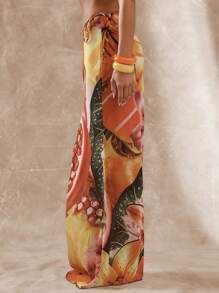 Musera Resort Fitted Chiffon Floaty Hem Fruit Floral Print Maxi Skirt Boho Ibiza Cute Sexy Vacation Summer Beach Swimwear Cover Up Spring - Multicolor - View 4