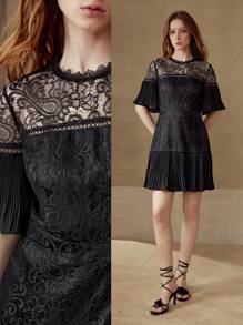 MOTF PREMIUM CONTRAST LACE ZIPPER DRESS - Black - View 8