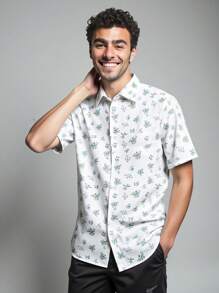 Men's New Spring/Summer Short Sleeve Blue Ditsy Floral White Shirt, Pastoral Style Gentleman Shirt For Everyday Wear, Family Matching Outfits Mommy And Me (3 Pieces Are Sold Separately)