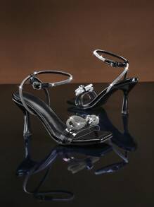 SHUZIA Women's Cross Straps Double Bows Rhinestone Ankle Strap Pointy Toe Heel Sandals - Black - View 6