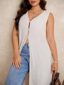 Elaquor 大码女式休闲无袖开衩长款衬衫，夏季