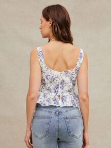 WESTFADE Áo ba lỗ in hoa mùa xuân cổ tròn dễ thương nơ thắt eo vừa vặn xếp nếp peplum phong cách corset áo ba lỗ đi biển mùa hè - Nhiều màu - Xem 2