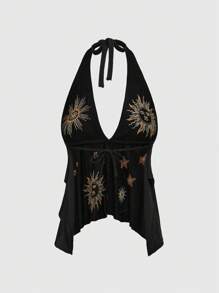 ROMWE Retro Hippie Star & Moon Embroidered Halter Back Sexy Knit Top For Women - Black - View 2