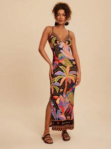 Travachic 女士度假侧开衩下摆修身热带印花吊带背心连衣裙 - 黑色 - 查看 6