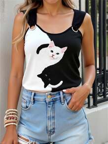 Women Cat Print Round Neck Casual Camisole
