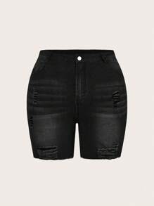 SHEIN CURVE+ Plus Size Women Elastic Blue Personalized Fashion Cycling Jeans Summer Outfits For Women Festival Outfits Casual Shorts - Black - View 2