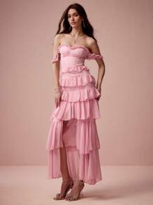 Enchnt Damen Kleid mit Schulterausschnitt, einfarbig, Rüschensaum, hoher Schlitz - Pink - Übersicht 2