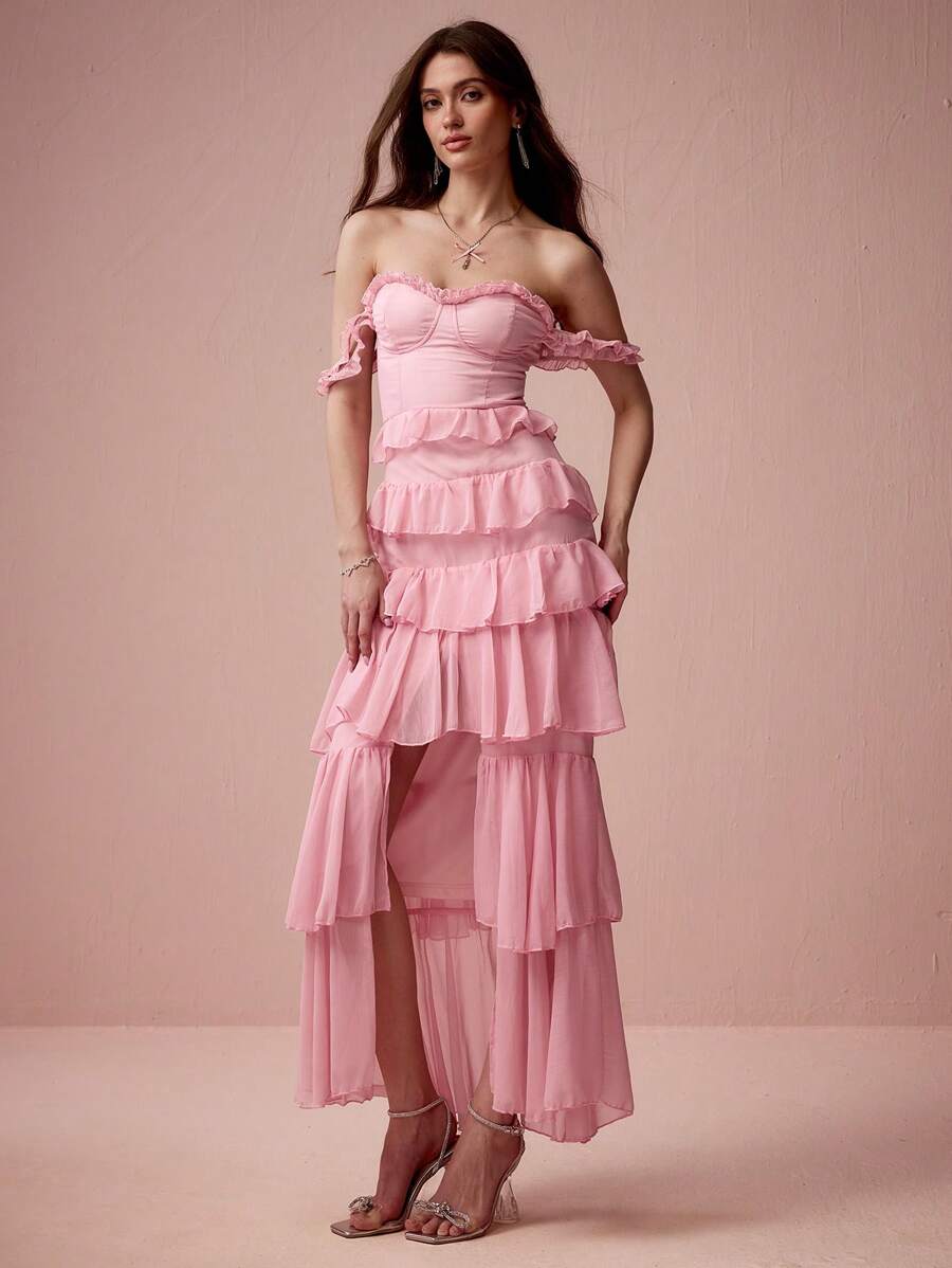 Enchnt Damen Kleid mit Schulterausschnitt, einfarbig, Rüschensaum, hoher Schlitz