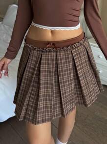 SHEIN 少女复古格子低腰迷你女学生短裙 - 棕色 - 查看 1