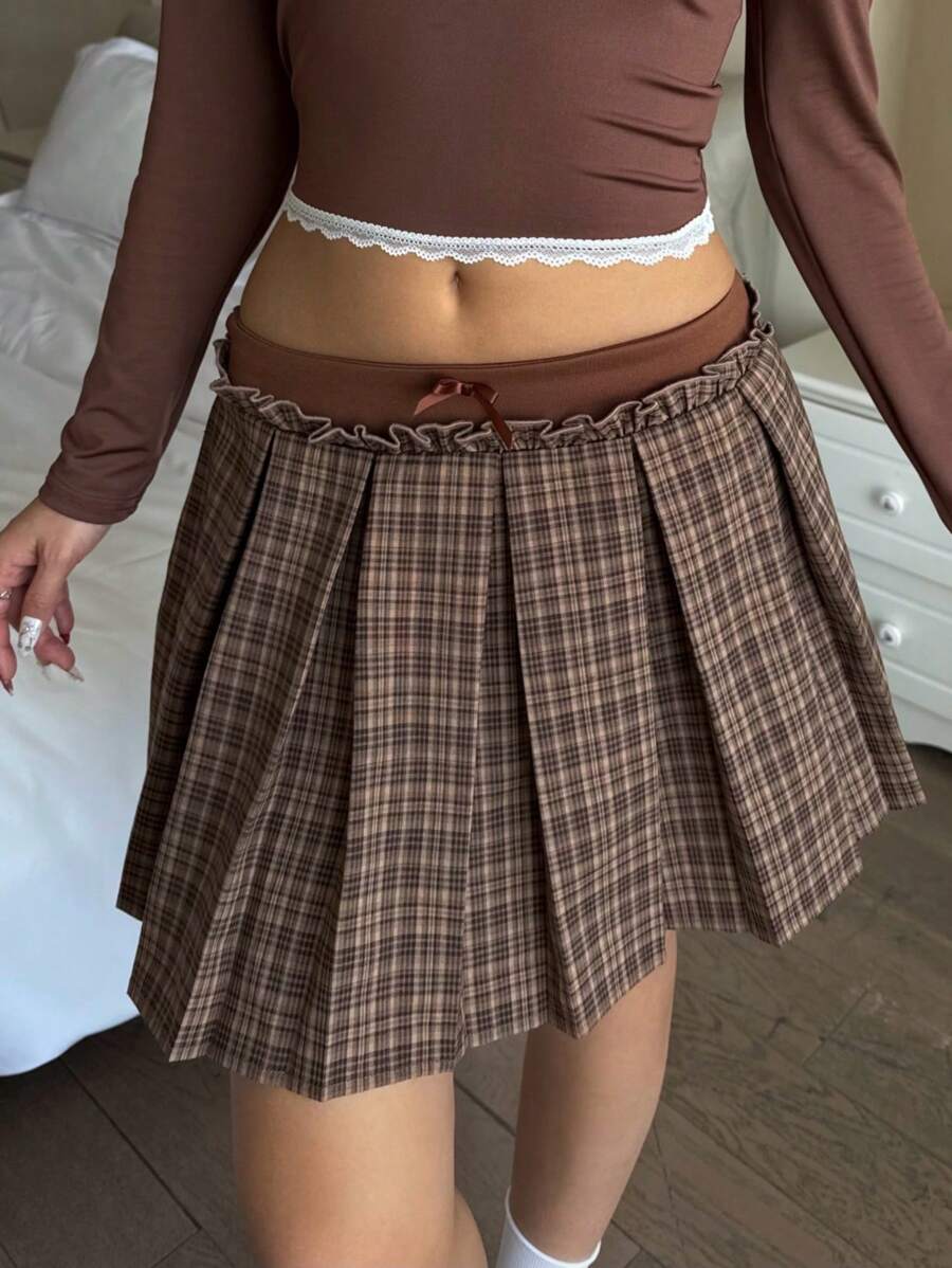 SHEIN 少女复古格子低腰迷你女学生短裙 - 棕色 - 查看 1