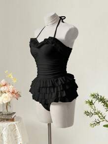 SHEIN MOD Women's Ruffled One-Piece Swimsuit With Multiple Colors,Country Concert Outfit - Black - View 3