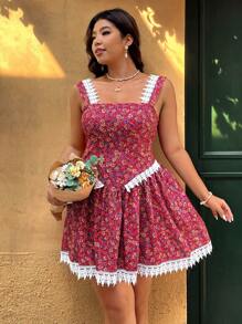 SHEIN Clasi Vestido mini con volantes de encaje y parches de flores diminutas románicas, talla grande