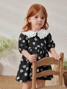 Blossori Baby Mädchen Schwarzes Blümchen Kleid mit gerüschtem Kragen, Frühling/Sommer