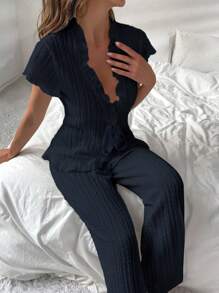 SHEIN Women's Plain Color Ruffle Trim Tie Front Top And Pants Pajama Set - Navy Blue - View 5