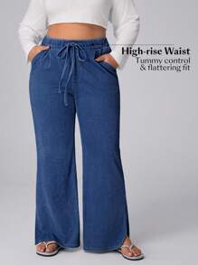SHEIN Unity Pantalones vaqueros anchos con cintura elástica y cordón para mujer talla grande, para otoño y festivales - Azul - Ver 7