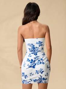 SHEIN PETITE Women's Floral Print Pleated Bandeau Fitted Mini Dress For Vacation - Blue and White - View 2