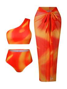 Swim Oasis 大码女式高级 Oasis 三件套 - 黄色渐变印花单肩褶皱高腰裤，搭配渐变印花网眼裙，夏季海滩度假 - 黃色 - 查看 3