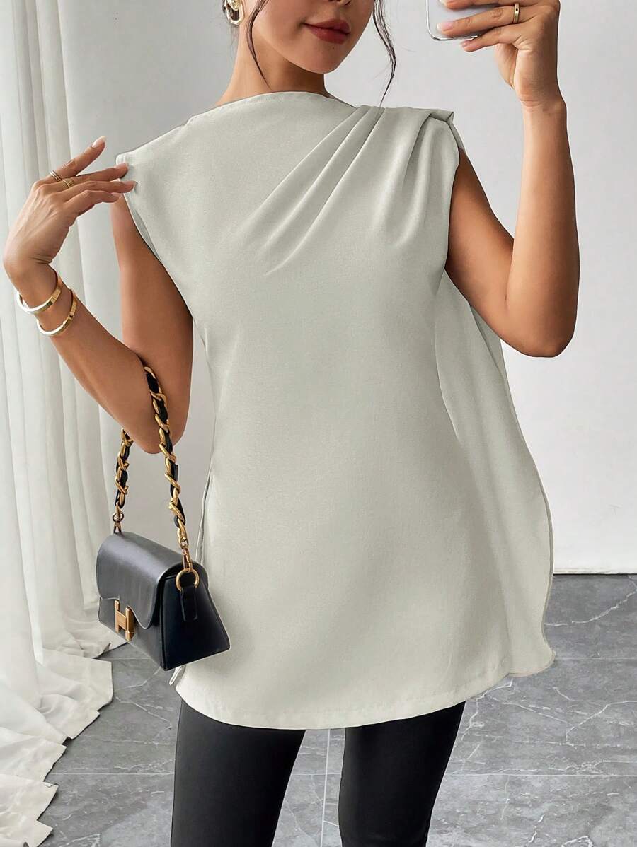 SHEIN Clasi قميص نسائي قصير مربع الأكمام، مزين بكشكشة على الجانب، خصر مشدود، مناسب للضبط - رمادي فاتح - مشاهدة 1