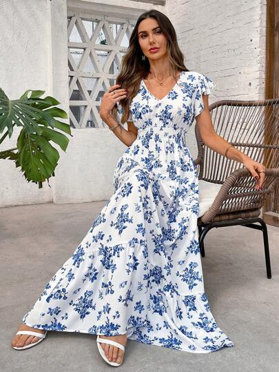 SHEIN Clasi Women's Vacation Romantic Blue Floral Print V-Neck Cap Sleeve Waisted A-Line Dress Women Nice Dress Dresses Classy Elegant Ruffle Derby Dress