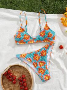 Swim Mod 2pcs/Set Sexy Floral Print Spaghetti Strap Crop Top And Bikini Set, Summer Vacation Style - Multicolor - View 2